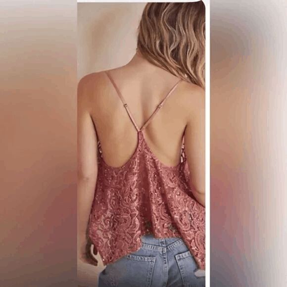 Free People Best Idea Rose Sequin Lace Cropped Handkerchief Hem Cami Small - Picture 9 of 9